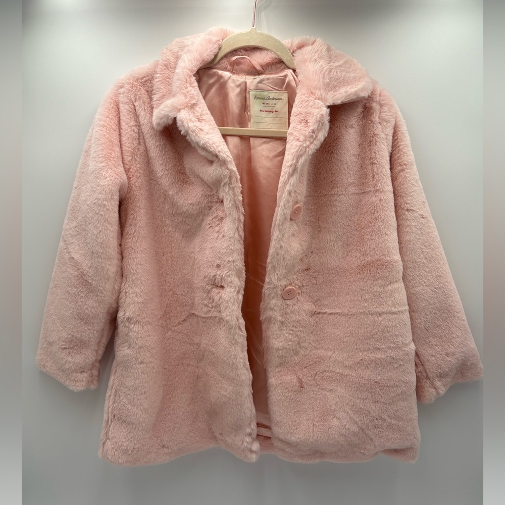 Hanna Andersson Girls Pink Faux Fur Pea Coat Size 10 140 Plush Dress Jacket